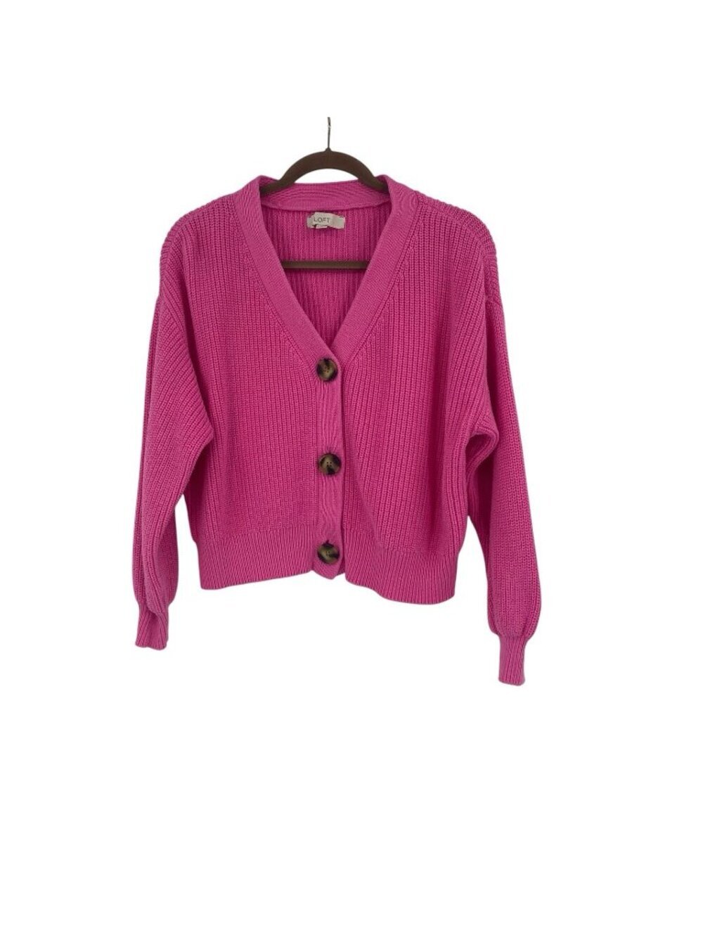 LOFT Size M Pink Cardigan Knit Cotton V-Neck Cottagecore Sweater Boxy Academia
